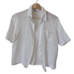 Stateside Crop Top Womens Small Mesh Open Netting Short Sleeve Button Up Cotton